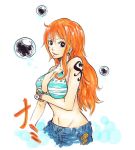  breast_hold earrings jeans jewelry long_hair nami navel one_piece orange_hair tattoo 