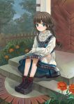  blue_eyes boots braid brown_hair dress fence flower highres lace long_hair metalinu original porch sitting solo twin_braids wooden_fence 