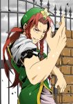  beret braid fighting_stance gate grin hands hat highres hong_meiling red_eyes red_hair sazanami_tarou serious smile solo touhou twin_braids 