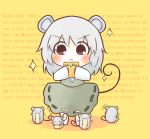  :&lt; animal_ears caloriemate chibi closed_eyes dress eating english engrish grey_hair jewelry long_sleeves mouse mouse_ears mouse_tail nazrin pendant ranguage red_eyes short_hair sleeping solo south114 sparkle tail touhou z |_| 