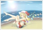  bare_shoulders barefoot beach blonde_hair feet flandre_scarlet hat legs ponytail red_eyes short_hair side_ponytail solo swimsuit touhou wings 