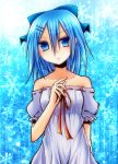  alternate_costume alternate_hairstyle amano-sora bad_id bare_shoulders blue_eyes blue_hair bow cirno hair_bow hair_ornament hairclip solo touhou 
