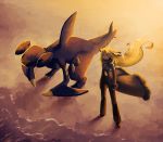  1girl aonik beach blonde_hair coat garchomp hair_ornament long_hair pokemon pokemon_(creature) pokemon_(game) pokemon_dppt sand scarf shirona_(pokemon) solo sunset water yellow_eyes 