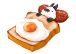  blanket closed_eyes egg food_on_body lying no_humans original p-f_lilac pillow rabbit sausage simple_background sleeping toast white_background 
