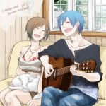  1girl acoustic_guitar bare_shoulders blue_hair breasts brown_hair cat cleavage closed_eyes couch couple daico dog english guitar happy instrument kaito love meiko short_hair shorts sitting smile vocaloid 