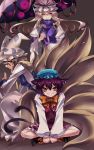  animal_ears blonde_hair brown_hair cat_ears cat_tail chen earrings fox_tail hair_ribbon hat highres indian_style jewelry karlwolf long_hair multiple_girls multiple_tails orange_eyes parasol purple_eyes ribbon short_hair sitting tail touhou umbrella yakumo_ran yakumo_yukari yellow_eyes 