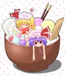  &gt;_&lt; blonde_hair blue_hair bowl candy fang flandre_scarlet food gin'you_haru girl_in_food hat heart ice_cream in_bowl in_container in_food minigirl multiple_girls nude pocky ponytail red_eyes remilia_scarlet short_hair siblings side_ponytail sisters spoken_heart touhou 