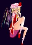 bad_proportions blonde_hair fangs flandre_scarlet hat leg_up red_eyes ribbon side_ponytail simple_background sitting solo touhou wings yaten 