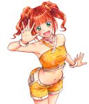  bare_shoulders green_eyes halter_top halterneck hands head_tilt idolmaster kiske lowres midriff red_hair redhead smile solo takatsuki_yayoi twintails 