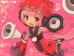  animal_hat blush bodysuit brown_eyes cat_ears hat headphones hello_kitty long_hair musical_note nekomura_iroha open_mouth pink_hair ponytail shigatake smile solo speaker vocaloid 