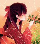  bad_id bow brown_hair closed_eyes flower hair_bow japanese_clothes kimono long_hair original plant solo 