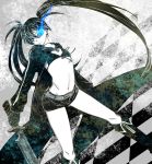  black_rock_shooter black_rock_shooter_(character) blue_eyes boots coat glowing glowing_eyes highres long_hair midriff navel pale_skin scar sha shorts solo sword twintails very_long_hair weapon 