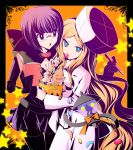 2girls black_pantyhose blonde_hair blue_eyes book breasts candy cattleya_(pokemon) cleavage elite_four glasses gloves hat lampent long_hair multiple_girls nu_(ukskuj) pantyhose pen pokemon pokemon_(creature) pokemon_(game) pokemon_black_and_white pokemon_bw pumpkin purple_hair shikimi_(pokemon) star sweets 