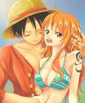  bikini_top breasts bust hat highres himerinco large_breasts long_hair monkey_d_luffy nami one_piece open_mouth orange_hair red_eyes straw_hat tattoo 