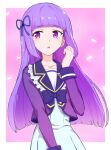  1girl :o aikatsu! aikatsu!_(series) aikatsu_stars! bangs blazer blue_dress blue_ribbon blunt_bangs blunt_ends border bow cosplay dress eyebrows_visible_through_hair hair_ribbon hand_up hikami_sumire jacket long_hair looking_away open_mouth outside_border petals pink_background purple_bow purple_hair purple_jacket purple_neckwear purple_sailor_collar ribbon sailor_collar school_uniform shirogane_lilly shirogane_lilly_(cosplay) sideways_glance simple_background solo upper_body violet_eyes white_border yoban yotsuboshi_academy_uniform 