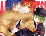  angel_beats! blue_eyes blue_hair brown_eyes brown_hair closed_eyes green_hair hinata_(angel_beats!) kudou_(90n) male multiple_boys naoi_ayato otonashi_(angel_beats!) school_uniform short_hair 