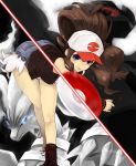  baseball_cap bent_over blue_eyes boots brown_hair denim denim_shorts glowing glowing_eyes hat highres motion_blur muso-comet poke_ball pokemon pokemon_(game) pokemon_black_and_white pokemon_bw ponytail reshiram shorts smile throwing throwing_poke_ball touko_(pokemon) vest zekrom 