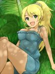 bare_shoulders blonde_hair breasts camisole cleavage green_eyes hoshii_miki idolmaster large_breasts long_hair ponytail scrunchie shorts smile solo spaghetti_strap stmp 