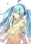  ahoge aqua_eyes aqua_hair ataru_(ataru_squall) casual from_above hand_on_hip hatsune_miku headset long_hair musical_note short_over_long_sleeves simple_background solo striped twintails vocaloid 