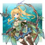  blonde_hair blue_eyes boots bow_(weapon) breasts choker cleavage dagger elbow_gloves elf fantasy feathers fingerless_gloves gloves hair_bobbles hair_ornament michii_yuuki original pointy_ears ponytail quiver sheath sheathed skirt smile solo thigh-highs thigh_boots thighhighs weapon zettai_ryouiki 
