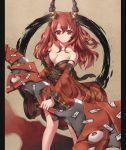  bad_id bare_shoulders bow_(weapon) breasts cleavage collarbone detached_sleeves eyes horns japanese_clothes legs long_hair no_nose original pillarboxed red_eyes red_hair redhead solo weapon zenn 