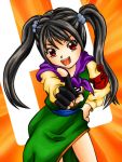  armband black_hair chinese_clothes dragon_quest dragon_quest_iii fighter_(dq3) fingerless_gloves gloves hand_on_hip long_hair lowres open_mouth parody red_eyes suzumiya_haruhi_no_yuuutsu twintails 