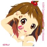  bare_shoulders brown_eyes brown_hair castanets cover dress face_paint finger_frame hair_bobbles hair_ornament highres hirasawa_yui instrument k-on! kouchou parody short_hair simple_background solo strap_slip young 