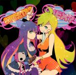  blonde_hair blue_eyes blue_hair bow cat conco conco_(kitakazeconcon) earrings eyeshadow hair_bow jewelry long_hair middle_finger mouth_hold multiple_girls panties panty_&amp;_stocking_with_garterbelt panty_(character) panty_(psg) pastry smile stocking_(character) stocking_(psg) underwear 