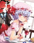  bare_shoulders bat_wings blue_hair butterfly cake chair chiba_sadoru cup drink dutch_angle flower food fork glass hat hat_ribbon highres lavender_hair red_eyes red_rose remilia_scarlet ribbon rose short_hair sitting solo straw table touhou wine_glass wings wrist_cuffs 