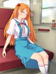  bow can closed_eyes coffee colored_eyelashes eyelashes hair_ornament highres long_hair neon_genesis_evangelion orange_hair pink_doragon plugsuit school_uniform sitting skirt sleeping sleeping_upright socks solo souryuu_asuka_langley train train_interior ucc_coffee 