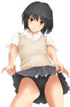  1girl amagami black_hair brown_eyes competition_swimsuit face from_below head_tilt kishida-shiki looking_down nanasaki_ai one-piece_swimsuit pleated_skirt school_uniform short_hair skirt skirt_lift smile solo sweater_vest swimsuit swimsuit_under_clothes upskirt 