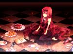  barefoot book bow checkered checkered_floor choker dress food hair_bow letterboxed long_hair red_eyes red_hair redhead reflection shoes shoes_removed sitting solo sunakumo very_long_hair wariza 
