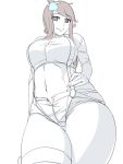  foreshortening fuuro_(pokemon) gloves gym_leader hair_ornament hand_on_hip kirituki long_hair midriff monochrome navel pokemon pokemon_(game) pokemon_bw redhead short_shorts shorts simple_background smile suspenders thighhighs 