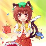  blue_oni brown_eyes brown_hair cat_ears cat_tail chen earrings hat jewelry marimo_inu multiple_tails oni red_oni short_hair solo tail touhou yskssk 