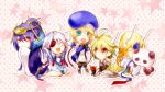  beret blazblue blonde_hair braid chibi closed_eyes eyepatch green_eyes hair_weapon hat imperator_librarius kuroinoki lambda-11 long_hair mu-12 noel_vermillion nu-13 panda purple_hair red_eyes silver_hair thighhighs 