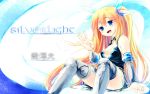  bare_shoulders blonde_hair breasts cleavage detached_sleeves dress hair_ribbon highres long_hair microsoft os ribbon silverlight sitting smile solo thigh-highs thighhighs turupiko wallpaper waving 