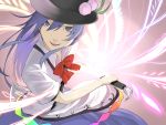  blue_hair flat_chest food fruit hat highres hinanawi_tenshi long_hair peach shiro_negi sword sword_of_hisou touhou weapon 