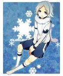  blue_hair fubuki_shirou inazuma_eleven light_smile looking_up open_mouth sabutarou scarf short_hair shorts sitting snowflakes socks solo 