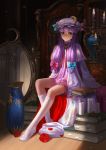  book candle crescent crescent_moon glasses hat legs long_hair mirror patchouli_knowledge purple_eyes purple_hair saber_01 sitting socks solo touhou vase violet_eyes 