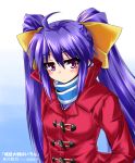  hair_ribbon highres hikawa_kutsuki iseno iseno_yajin jacket momoiro_taisen_pairon pink_eyes purple_hair ribbon scarf solo striped striped_scarf twintails 