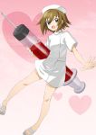  bad_id blood brown_eyes brown_hair bun-o k-on! large_syringe legs nurse oversized_object sandals short_hair syringe tainaka_ritsu 