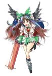 black_hair black_wings blue_hair bow breasts brown_hair cape enone hair_bow hand_on_own_face large_breasts long_hair multicolored_hair open_mouth pink_hair red_eyes reiuji_utsuho smile standing_on_one_leg taut_shirt touhou weapon wings 
