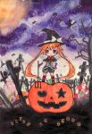  graveyard halloween highres jack-o'-lantern jack-o-lantern mocomoco original pumpkin solo traditional_media watercolor_(medium) witch 