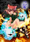  animal_ears braid cat_ears cat_tail extra_ears fire highres kaenbyou_rin mary_janes multiple_tails no_socks red_eyes red_hair shoes tail touhou twin_braids twintails wink yo-chaosangel zombie_fairy 