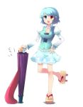  1girl blue_hair breasts cleavage geta heterochromia karakasa karakasa_obake no_socks red_eyes shin_(new) short_hair solo tatara_kogasa tongue touhou umbrella 