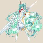  achunchun aqua_eyes aqua_hair bowtie chun_(friendly_sky) hair_ribbon hatsune_miku lance long_hair navel polearm ribbon shield simple_background solo thigh-highs thighhighs twintails very_long_hair vocaloid weapon 