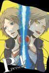  blue_eyes brown_hair dark_persona dual_persona hanamura_yousuke headphones persona persona_4 yellow_eyes 