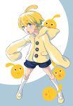  :o ahoge blonde_hair blue_eyes child hoodie kneehighs kulche locoroco male open_mouth personification rem_(artist) shorts solo tsulala 