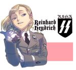  blonde_hair blue_eyes bust character_name genderswap gloves hiroe_rei military military_uniform nazi necktie politician reinhard_tristan_eugen_heydrich sigrunen solo uniform 