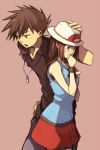  1girl alternate_costume blue_(pokemon) blue_eyes brown_hair green_eyes hand_on_hat hand_on_hip hand_over_mouth hat jeans jewelry long_hair male necklace ookido_green open_mouth pokemon pokemon_(game) pokemon_rgby pokemon_special simple_background skirt tears wristband yui_ko 
